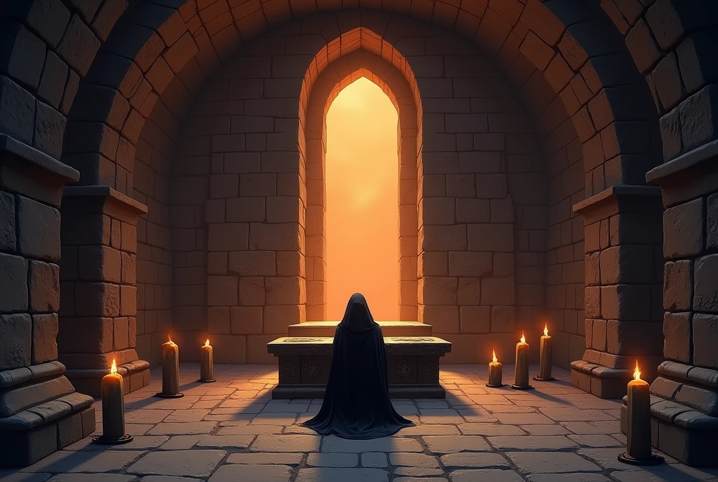 basement Brick construction A wide underground chamber with a central altar A small window behind the altar with orange light shining through it