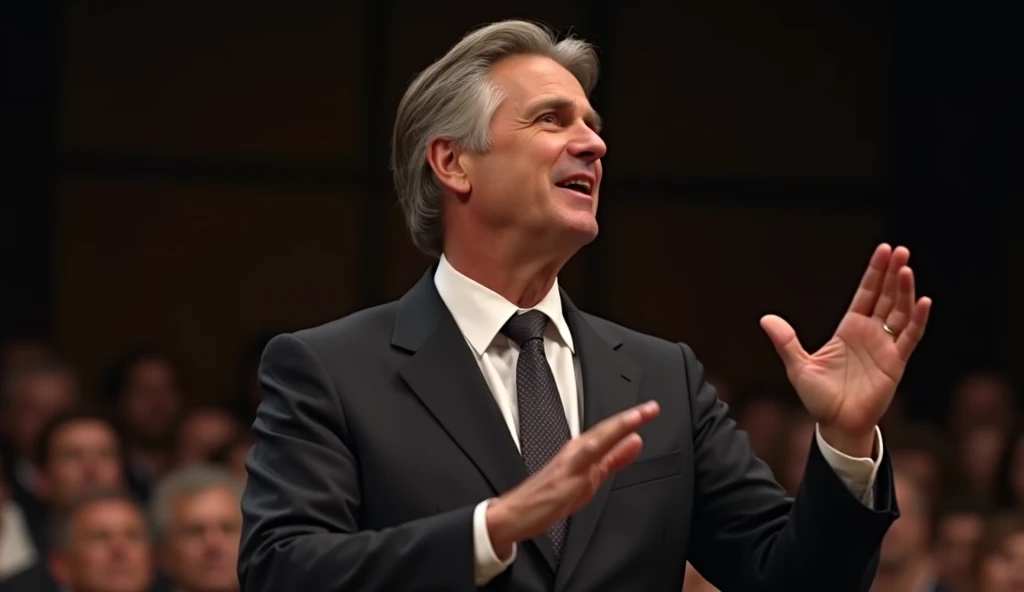 Portrait of a young Billy Graham preaching with fervor. He is wearing a dark suit and tie, with neatly styled hair and a vibrant, passionate expression. The image captures the energy and enthusiasm of his preaching, with a simple pulpit in the background and an attentive crowd. The lighting should highlight his face and convey the intensity and impact of his message.