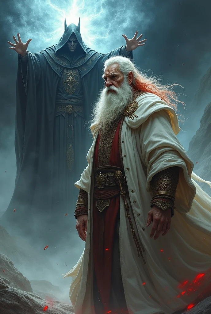 Make a tall old man with white and red hair ,In white medieval clothing, fighting against a man who is wearing black supervillain clothes, has medium-length brown hair and dark energy powers , fair skin 