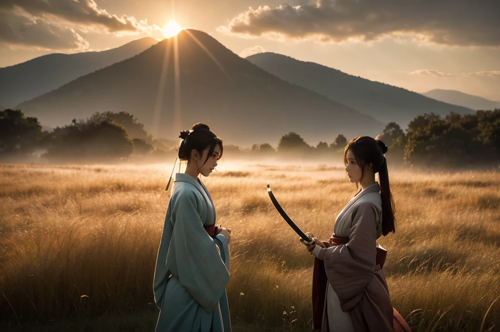 ((upper body)),A female samurai walks through a field of tall, swaying grass during Japan's Sengoku period. The scene is bathed in soft, ethereal light, with the warm hues of a setting sun blending with the cool, muted tones of a cloudy sky. Her robes are dark, consisting of an outer black kimono with wide sleeves and a deep maroon inner kimono, which both flow gracefully in the wind. Her hair is tied back in a traditional samurai style, with loose strands framing her focused and contemplative face. She holds a katana in her hand, the blade slightly raised as if she is preparing for or just finishing a battle. The field around her feels alive, with dynamic brushstrokes that create a sense of movement in the grass and leaves blowing in the wind. The distant mountains and castle, barely visible through the misty horizon, evoke a sense of mystery and history. The atmosphere is both serene and tense, capturing the balance between calm reflection and the imminent threat of conflict. The color palette is a mix of soft pastels and deep earth tones, with dramatic light and shadow adding depth to the scene."

Additional Parameters:

Style: Painterly, with dynamic brushstrokes
Lighting: Soft, glowing sunset with light pastel hues, warm highlights blending into cool shadows
Colors: Muted earthy tones for the attire, warm orange and yellow hues for the sunset, soft pink and gray tones in the sky, subtle greens and browns for the grass
Composition: Samurai woman centered, walking through tall grass with mountains and a distant castle barely visible in the background
Environment: Sengoku period in Japan, sunset over a misty, windy field, dynamic and contemplative atmosphere