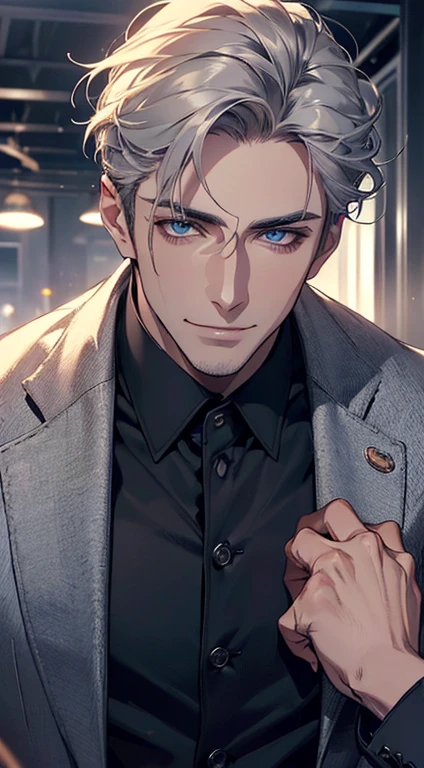(best quality, masterpiece, 8K, photorealistic, cinematic lighting, 1:4 hdr image, ultra detailed, beautiful image), a mature man, 25 years very handsome, ((cold expression smile in love)), short grey hair, blue eyes, face perfect without mistakes, ((buttoning his jacket, CEO)), smile.
