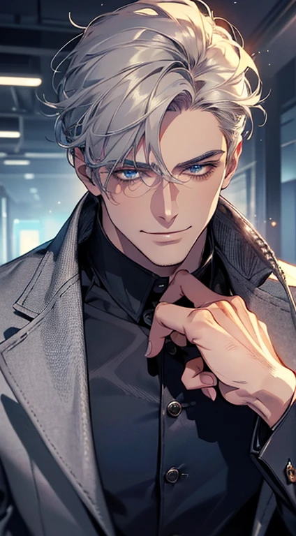 (best quality, masterpiece, 8K, photorealistic, cinematic lighting, 1:4 hdr image, ultra detailed, beautiful image), a mature man, 25 years very handsome, ((cold expression smile in love)), short grey hair, blue eyes, face perfect without mistakes, ((buttoning his jacket, CEO)), smile.