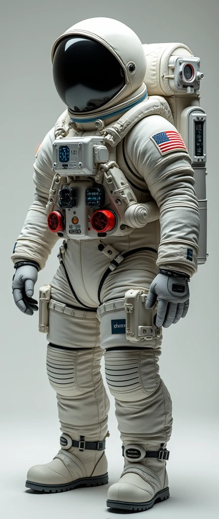 The image annotation task involves identifying and describing the objects and features present in the image. In this case, the objects include a space suit, helmet, American flag patch, life support backpack, and various details such as lights, screens, and the visor's reflection. The features described encompass the suit's design elements, color scheme, and the environment in which it is situated. The process of annotation is to provide a clear and accurate depiction of the visual content without making assumptions about the context or story behind the image.