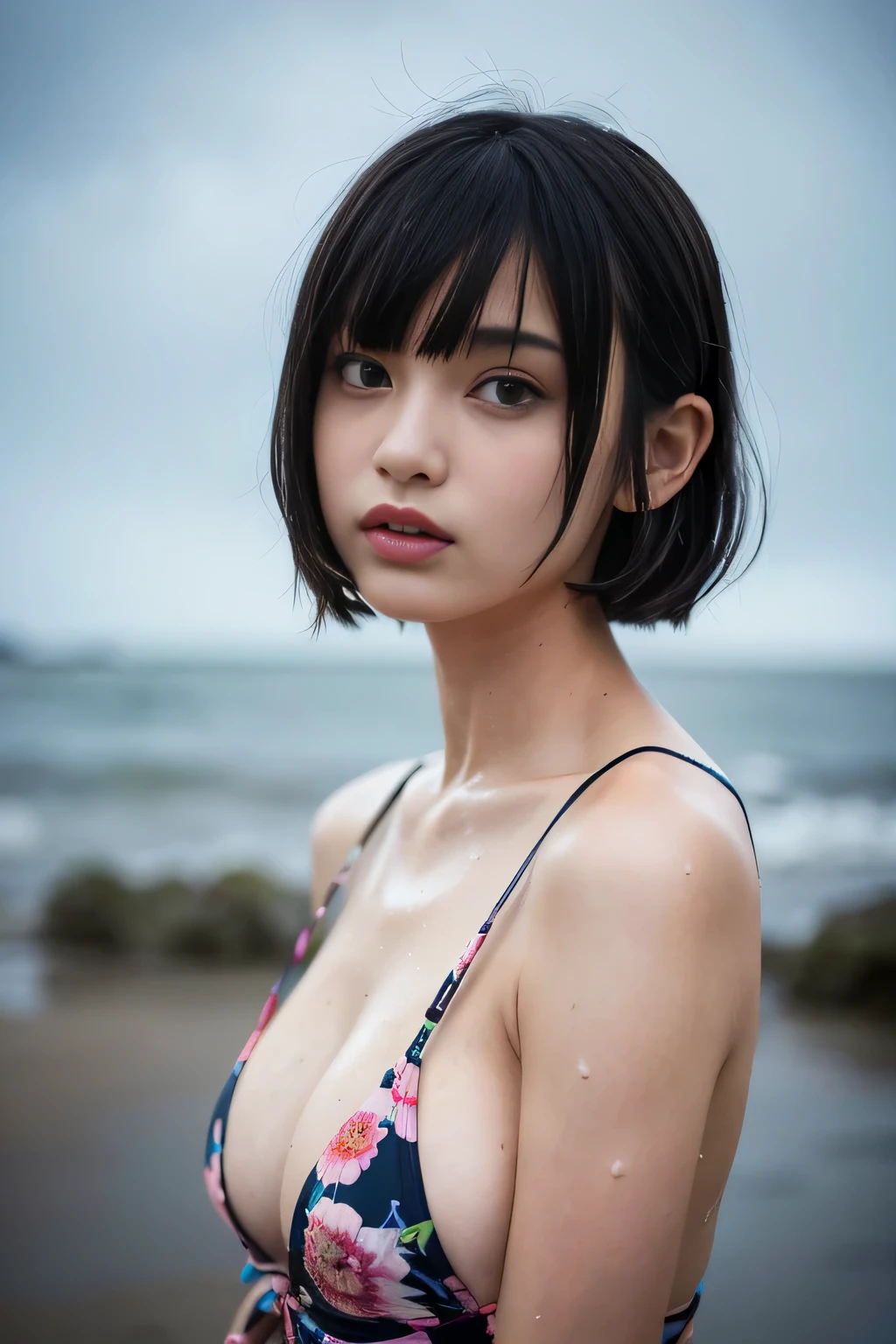 A beach in the pouring rain ,drenched, Dripping, Wet Face,Wet clothes, Wet Skin, Wet Hair, ((nsfw)), ((Cinema Lighting),(Natural light),(High level of artistry),(artistic),(Indistinguishable quality from the real thing),RAW Photos,Genuine,Genuine,High resolution,RAW Photos,masterpiece, beautiful, One girl, A low s girl with a cute face like a Japanese idol , No makeup,Slender, Small breasts, (Black pixie cut:1.2), (Blunt bangs), Immerse in a World of Dark Tones, night, Sulky,Model pose, Shooting from below, (skinny:1.0),Add Irregular Prints and Patterns, Sharp lines, Unusual Accessories Attached to Clothing、Swimwear Emphasizing Comme des Garçons' Originality and Innovation,Cinema Art Style,Precise fingers、Cinematic Light,(Film Gain:1.4)|(VHS Video:1.2)(old analog film photography:1.4) Vintage Film (1.8), Analog camera (1.5), Film Grain (1.4), Light leakage (1.2), Soft Focus (1.3), Warm tones (0.2), Retro aesthetic (1.7), Lomography (1.3), Nostalgic atmosphere (1.8), Polaroid style (1.5), Faded colors (1.9), Dreamy look (1.3), Overexposure (1.1), Vignette Effect (1.8), Blurred Edges (1.4),