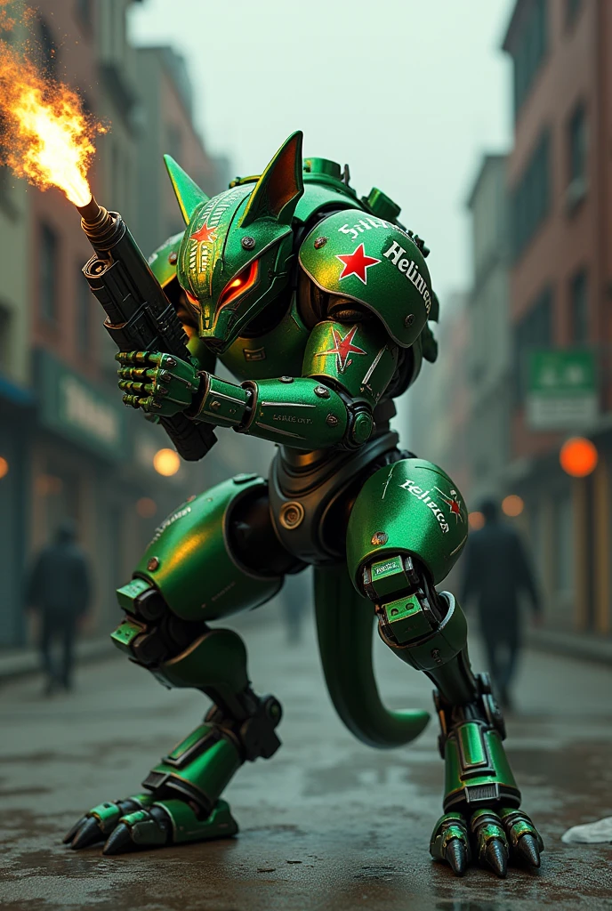 (photorealism:1.2), metal wolf, Heineken armor,shooting up