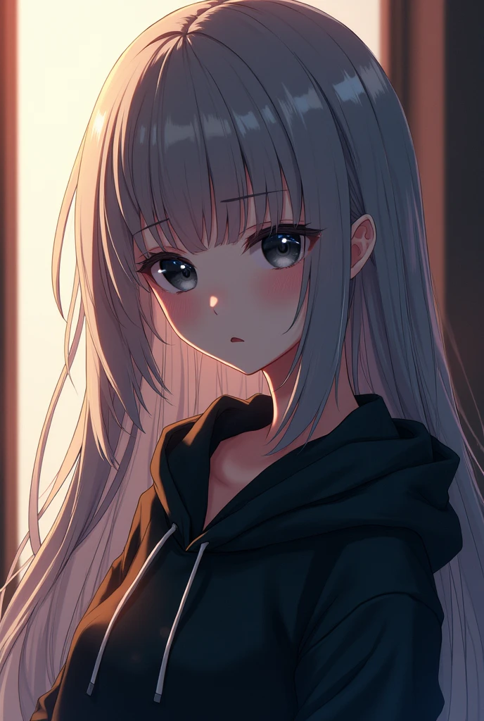 An anime girl with gray long hair and black eyes wearing a black hoodie, with light shining from the left.