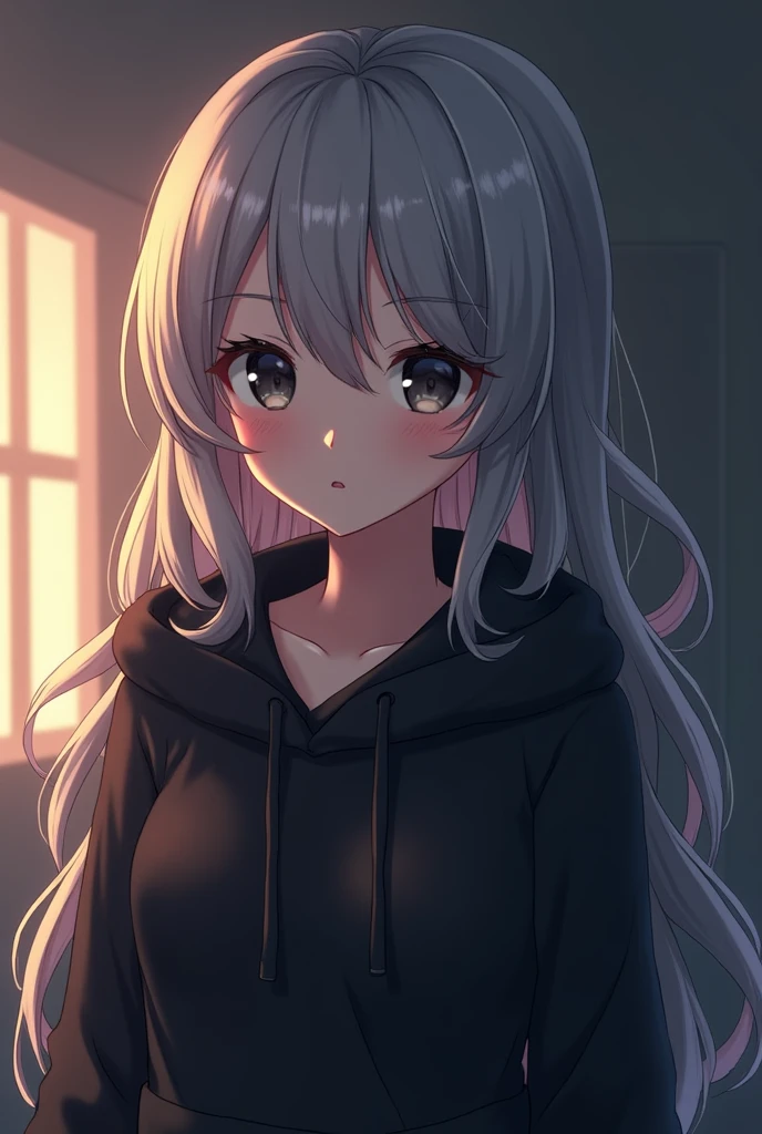 An anime girl with gray long hair and black eyes wearing a black hoodie, with light shining from the left.