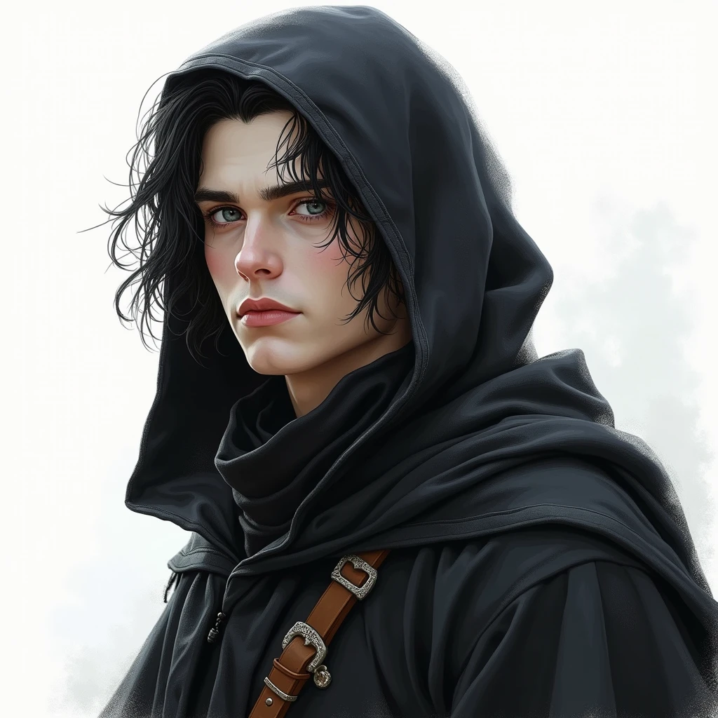 Draw a VERY REALISTIC fantasy style drawing of an attractive 15-year-old man, white-pale skin, very black hair, gray eyes with black war clothes and hooded cloak VERY REALISTIC