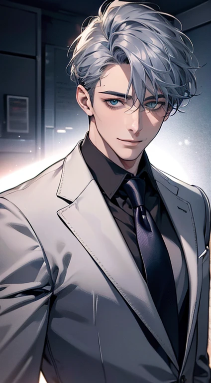 (Highest quality,4K,8K,High resolution,masterpiece:1.2),Super detailed,(Realistic,photoRealistic,photo-Realistic:1.37),1 person,31 years old,Mature Men,Beautiful skin、very handsome,Expressionless smile in love,Short gray blue hair,green eyes,Sharp Eyes,A perfect face without a doubt,Businessman,Office Background,Cinema Lighting,HDR image,tie、