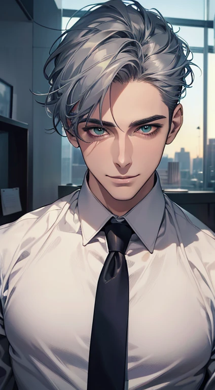 (Highest quality,4K,8K,High resolution,masterpiece:1.2),Super detailed,(Realistic,photoRealistic,photo-Realistic:1.37),1 person,31 years old,Mature Men,Beautiful skin、very handsome,Expressionless smile in love,Short gray blue hair,green eyes,Sharp Eyes,A perfect face without a doubt,Businessman,Office Background,Cinema Lighting,HDR image,tie、