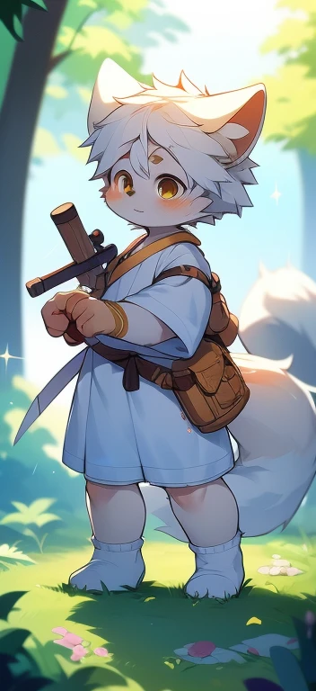 Unique,cannon,arctic fox,male,hairy,best quality,Boys,Shota,human nature,paw,hairy tall,Golden Sun Rune,Lovely,Sparkling golden eyes,White socks,Chinese Hanfu,holding a shining golden sword,Wearing a golden scarf,The expression is firm
