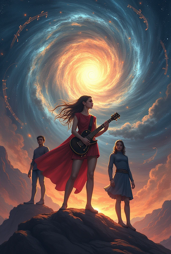 (pThe Melody of the Cosmos
Concept: The cover showcases a grand, swirling vortex of musical notes and cosmic energy, with the universe itself appearing to be shaped by the music. At the center of this vortex is Kara holding musical instrument, Ren her male best friend with a protective stance,her uncle Aric with a mysterious aura .The background is a blend of deep space and vibrant music notes, creating a sense of infinite possibilities.
Mood: Majestic, epic, and full of cosmic mystery,Dramatic, intense
Make an ebook covered based on this, make characters faces in front