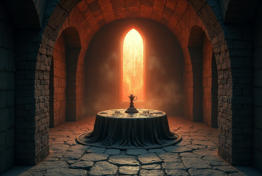 basement　Brick construction　A wide underground chamber with a central altar　A small window behind the altar with orange light shining through it
