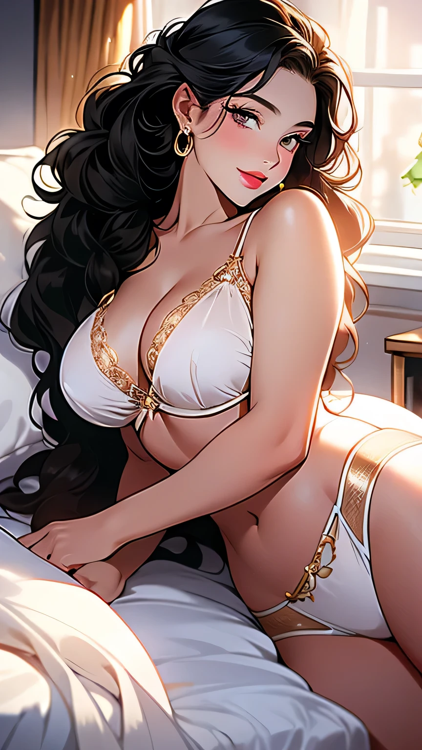 Highest quality, Highest Resolution, Tabletop, Ultra-detailed, Beautiful woman, (Curly hair in black braids), Long Hair, Golden Eyes, Pink Lips, Luxury hotel bedroom windowsill, Inside the room, sunlight, Bright light, Embarrassed expression, Large Breasts, Big Hips, Flowing Hair, (Lying in bed), whole body, Front view, White Lingerie Set、Laughter