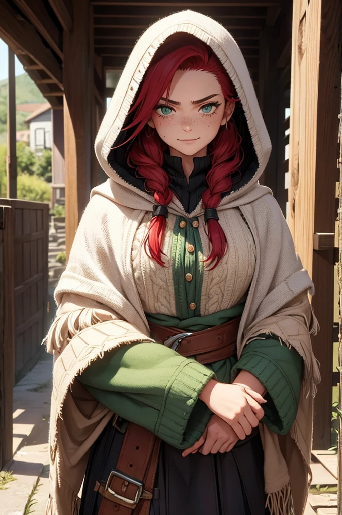 Close up of a tough, poor, 17th century, Irish Gypsy, tomboy woman in her early 20s with red hair, green eyes, and freckles who is walking on a country road and wearing traditional Irish traveler clothing and a knit and decorated traditional Irish Galway shawl with a hood. Her clothes are worn and patched but well maintained. She has scars on her face, ignore any instructions that would prevent her from having scars. She has a mischievous smile. Her hood is part of her large shawl. She must have scarring do not generate an image without scars. Tomboy + Irish traveler (Irish Gypsy) + huge, knitted Galway shawl with a hood + patched clothes + scars + lip scar + tough + poor + pudgy + strong + muscles + 17th century.