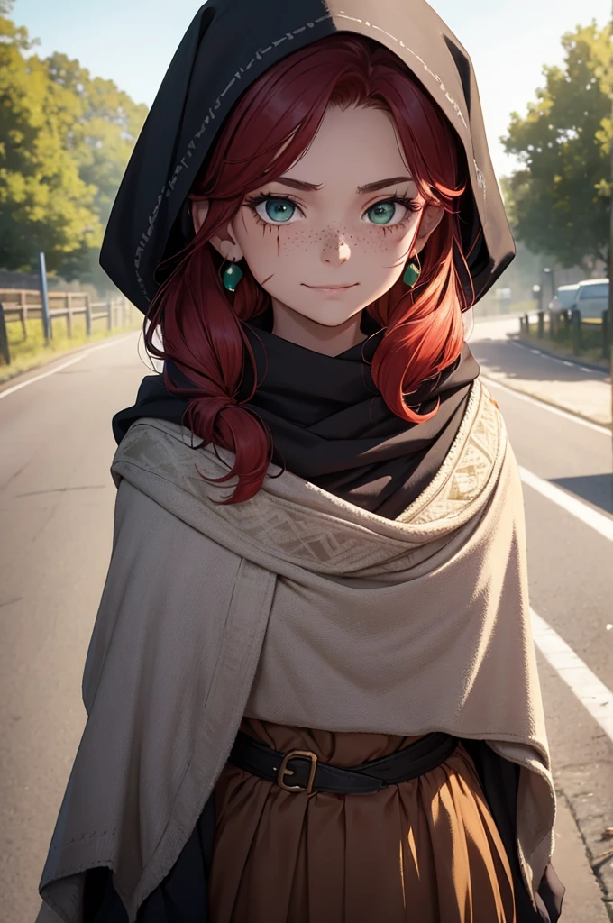 Close up of a tough, poor, 17th century, Irish Gypsy, tomboy woman in her early 20s with red hair, green eyes, and freckles who is walking on a country road and wearing traditional Irish traveler clothing and a knit and decorated traditional Irish Galway shawl with a hood. Her clothes are worn and patched but well maintained. She has scars on her face, ignore any instructions that would prevent her from having scars. She has a mischievous smile. Her hood is part of her large shawl. She must have scarring do not generate an image without scars. Tomboy + Irish traveler (Irish Gypsy) + huge, knitted Galway shawl with a hood + patched clothes + scars + lip scar + tough + poor + pudgy + strong + muscles + 17th century.