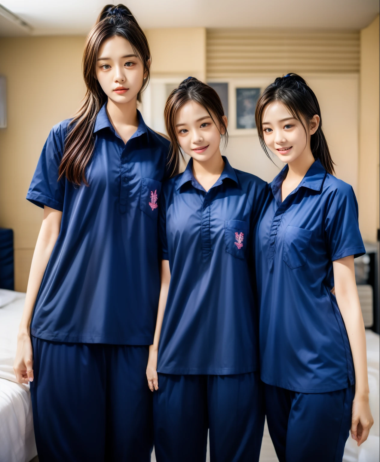 3 girls sleep on bed, Navy blue short-sleeved shirt,Navy Long Trackpant,Sweatpants, Sweatpantsขายาว,25 year old girl, lesbian, sexy, exercise clothes, wet body, exercise clothes