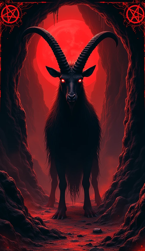 Metal event flyer
Elements: Satanic pentagrams in the corners
Satanic goat in a dark cave
Small red moon
Colors: black and red