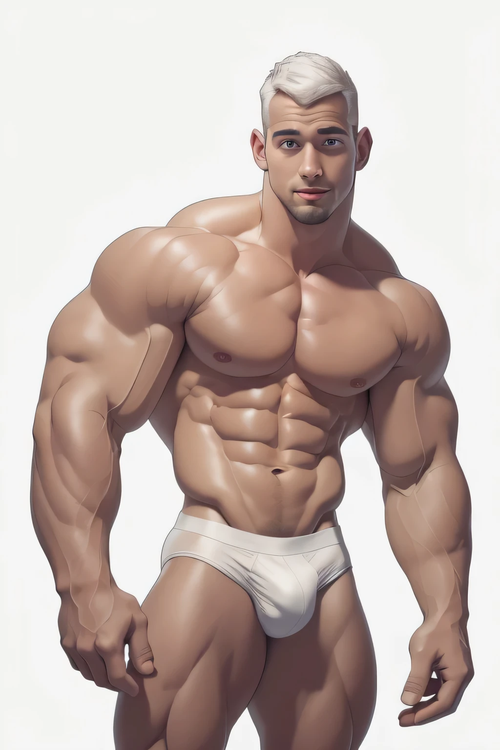 masterpiece, handsome ,best quality, muscular, bara, 25 year old male, shirtless, short white haircut, large pectorals,white speedo, thick eyebrows,white background