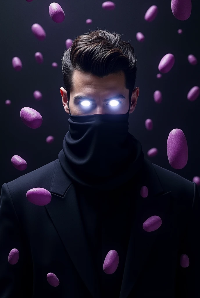 A man in black colour Only show his white eyes with best hair and very very purple colour beans in his around and back ground is black
