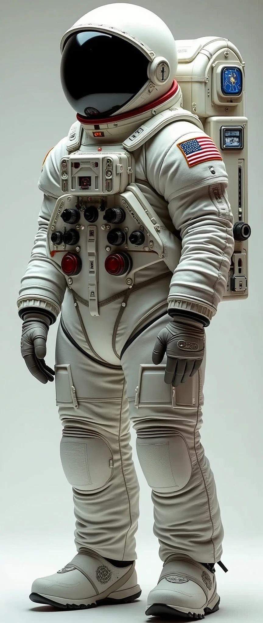 The image annotation task involves identifying and describing the objects and features present in the image. In this case, the objects include a space suit, helmet, American flag patch, life support backpack, and various details such as lights, screens, and the visor's reflection. The features described encompass the suit's design elements, color scheme, and the environment in which it is situated. The process of annotation is to provide a clear and accurate depiction of the visual content without making assumptions about the context or story behind the image.