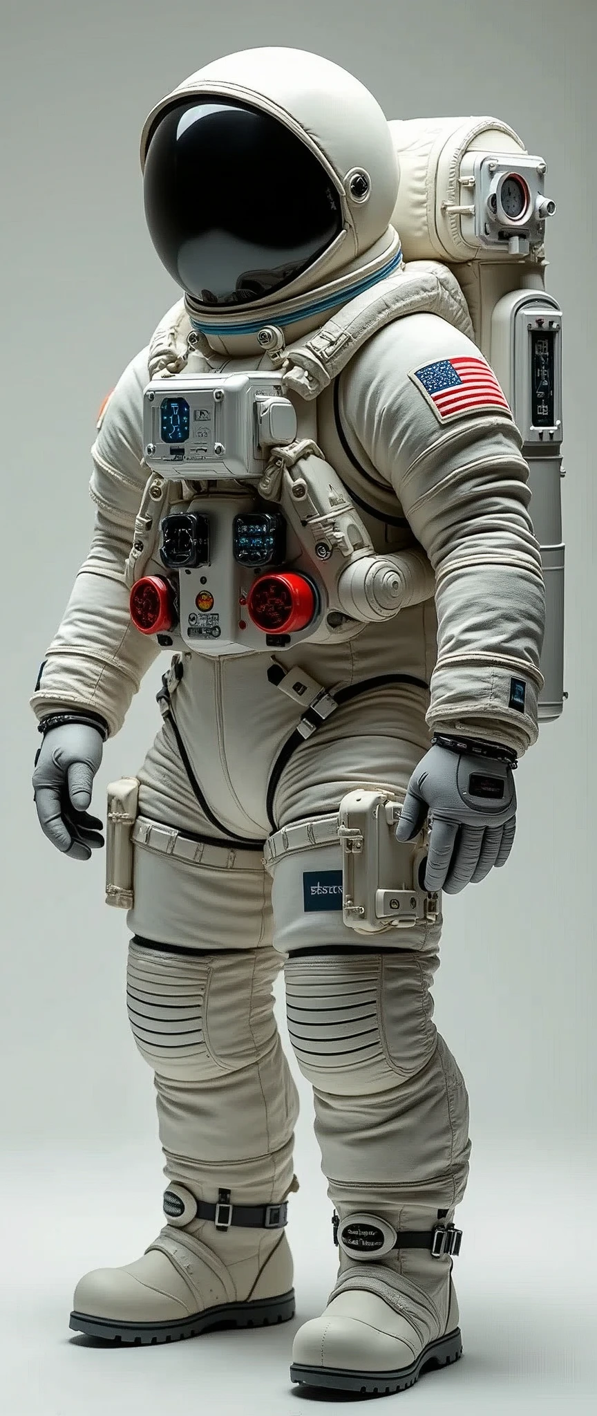 The image annotation task involves identifying and describing the objects and features present in the image. In this case, the objects include a space suit, helmet, American flag patch, life support backpack, and various details such as lights, screens, and the visor's reflection. The features described encompass the suit's design elements, color scheme, and the environment in which it is situated. The process of annotation is to provide a clear and accurate depiction of the visual content without making assumptions about the context or story behind the image.
