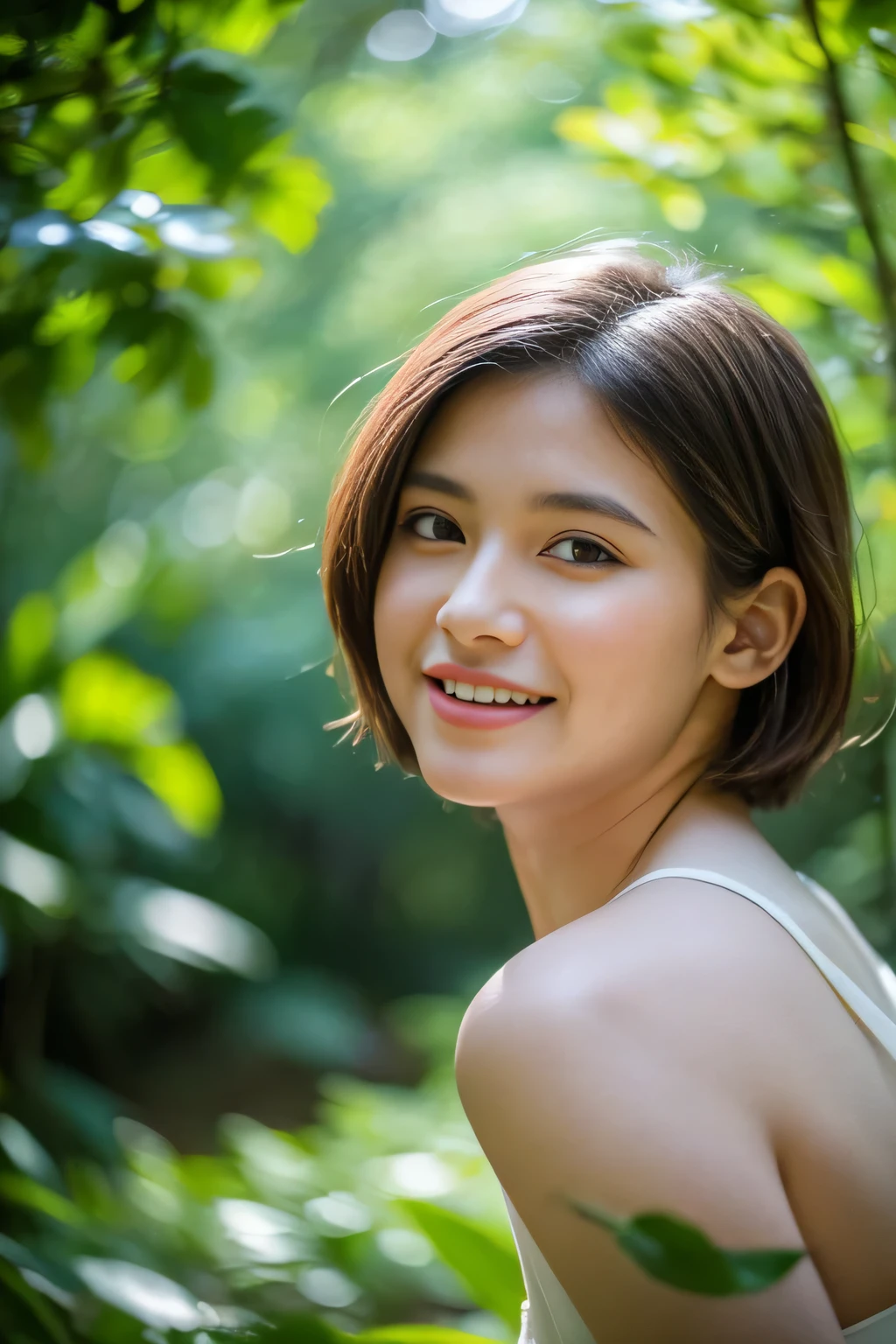 beautiful girl, showing face, protruding tongue, short hair, brown, 8k, professional photography, delicate, clear, in the forest, sun, light leakage, masterpiece, (beautiful)))), (reality)))), smile, fantastic, angel, young
