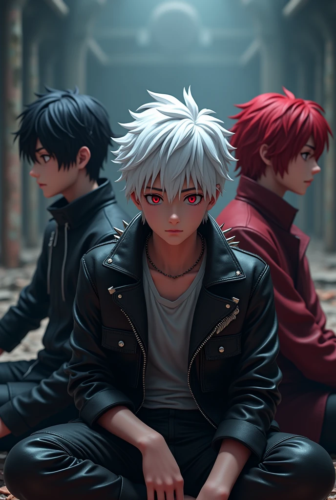 In 3d anime style Create 18 years old handsome boy with white hair with red cut on his hair and have red eyes wearing leather spike jacket sit side by side with madara uchiha and gojo saturo