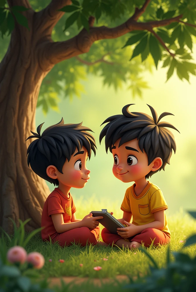 छोटू, with a thoughtful expression, sharing his plan with मोनू, who is listening intently, both boys sitting under the same tree from the first scene.
