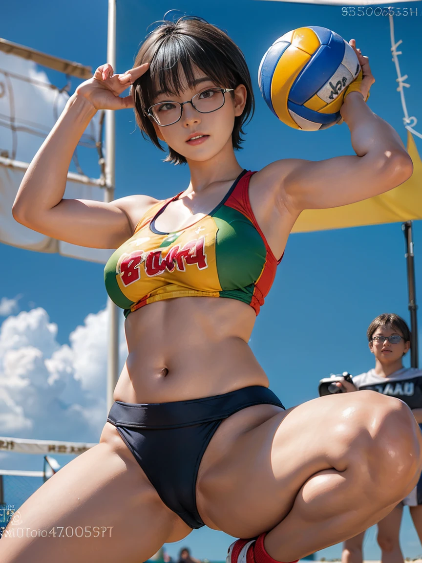 8k, RAW Photos, Highest quality, masterpiece, Realistic, Realistic, (1 Ultimate beauty), Baseball Cheerleading Club,(Strictly adhere to a composition where only one person appears in the photo)、(Doing squats on the beach)((ビーチで volleyball court))(Wear rimless glasses)((Beach volleyball player))(Beach Volleyball Uniforms) (((Wear clothes in flashy colors)))Highly detailed face, (Perfect Teeth), fine grain, double eyelid, eyelash, Lip details, (((Black short bob hair), (((Very large breasts)))Big Breasts,(((Accentuate your cleavage)))(((playing beach volleyball)))(((Emphasize the bite of the crotch)))((Sexy pose))(((Random Pause)))Cowboy Shot,  Soft Light, ((Written boundary depth)) 
Proceed with caution，((, Japanese women)), (((moderately fleshy body, Tight waist))), (((Photograph the whole body, Realistic))