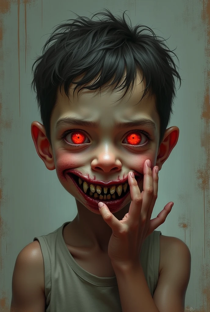 Boy cute face pull his hand and show demon face