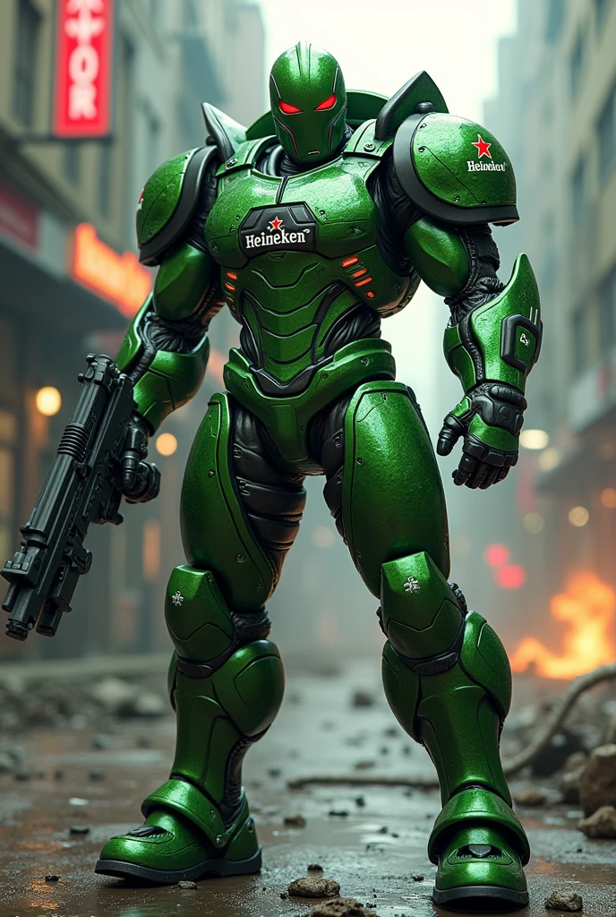(photorealism:1.2), lobo, Heineken armor,shooting up