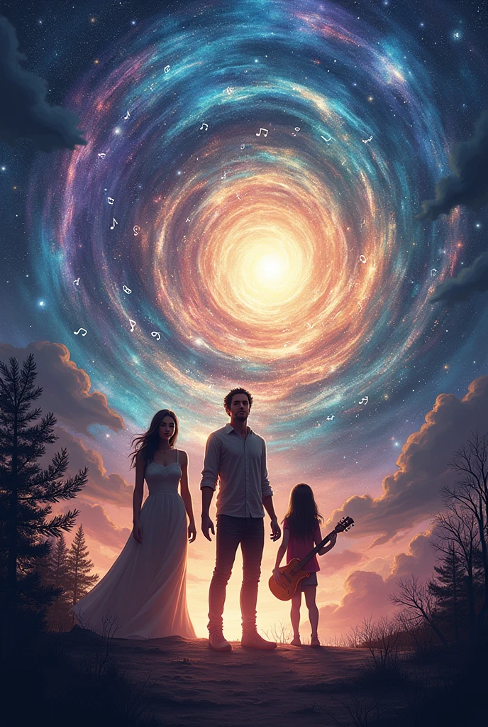 (pThe Melody of the Cosmos
Concept: The cover showcases a grand, swirling vortex of musical notes and cosmic energy, with the universe itself appearing to be shaped by the music. At the center of this vortex is Kara holding musical instrument,  Ren her male best friend with a protective stance,her uncle Aric with a mysterious aura .The background is a blend of deep space and vibrant music notes, creating a sense of infinite possibilities. Add trees and forest shadows also
Mood: Majestic, epic, and full of cosmic mystery,Dramatic, intense
Make an ebook covered based on this, make characters faces  in front 