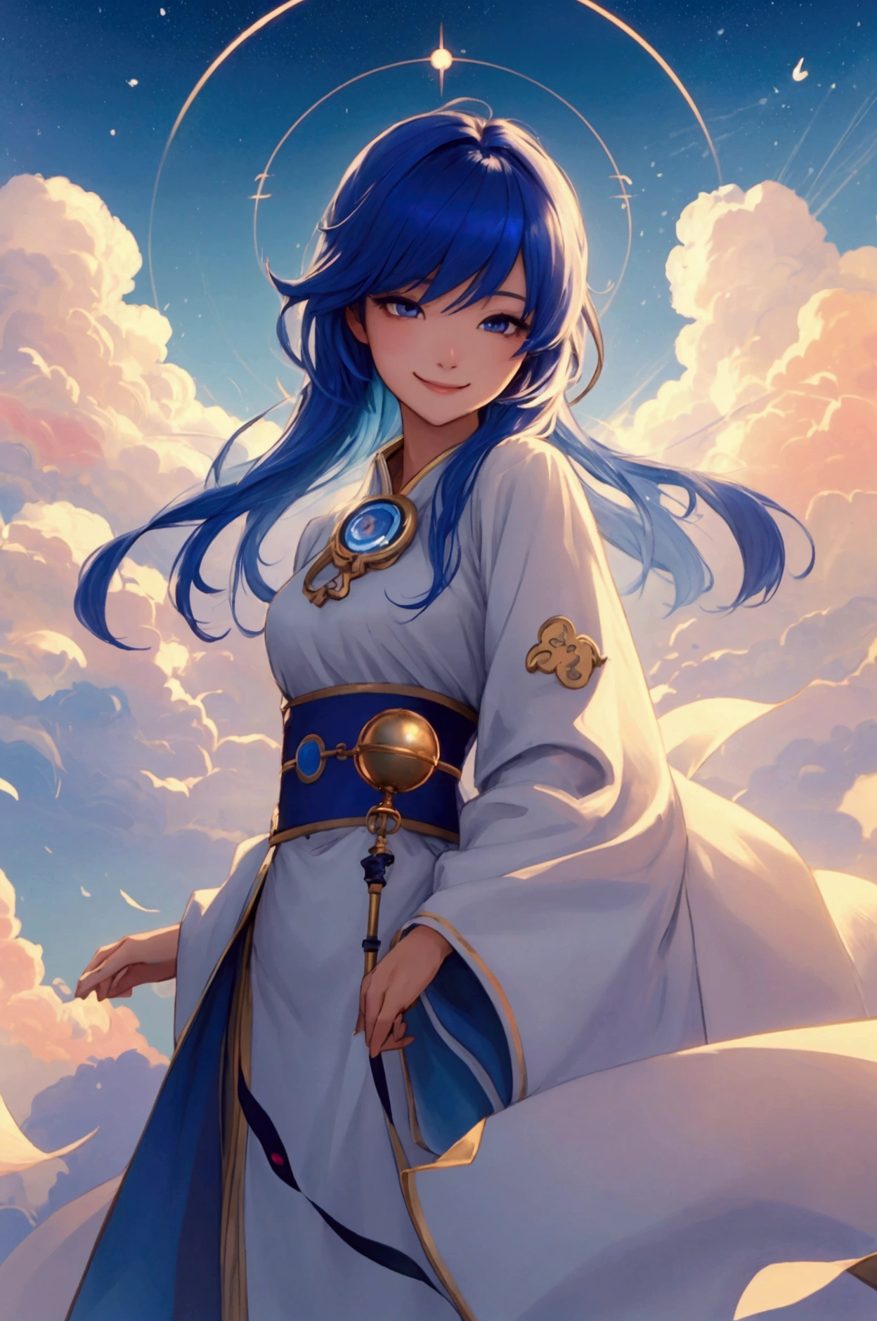A refreshing woman、Shortcuts、smile、masterpiece, Highest quality, Movie stills, bright, Anime Style, Happy, shine、Age 23、happiness、null、cloud、星null、Warm and soft lighting, Fortune teller&#39;s attire, mysterious、