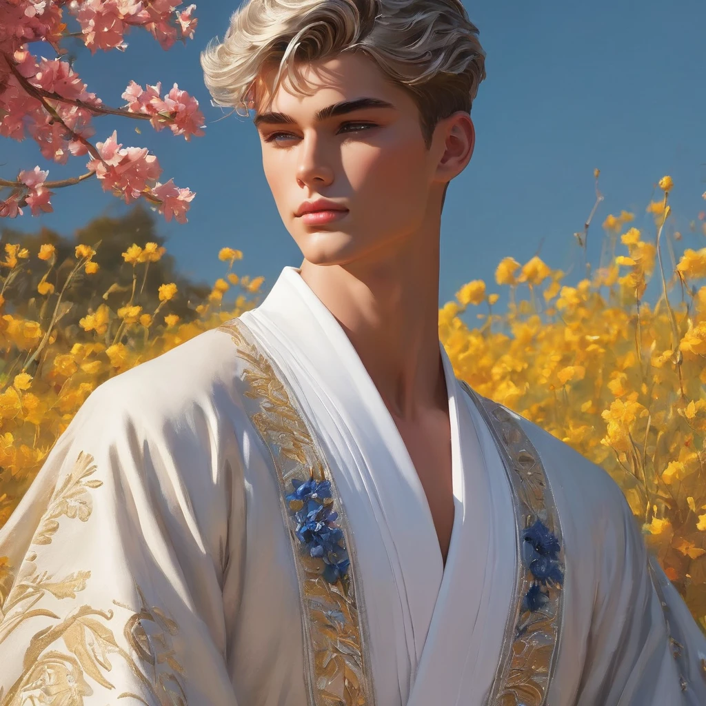 In this breathtaking artwork, miniature doll-sized male models, inspired by the iconic supermodels Sean O’Pry and Lucky Blue Smith, take center stage in a vibrant scene reminiscent of a Ken doll fantasy. With jointed doll features and porcelain-like skin, these charming figures boast an irresistible blend of sophistication and natural beauty.
Sporting short silver-gray undercut hairstyles, Standing adorned in a white top t-shirt with sweatpants with semi bulge, an embroidery-detailed kimono robe, he exudes sophistication and elegance against the backdrop of a luxury bedroom. The room is adorned with 1915 Oriental theme, surrounded by luxury exotic furniture, velvet drape curtains, and colorful wildflowers, creating a vibrant and enchanting atmosphere.
Captured from a dynamic angle, over shoulder look photo showcases the models amidst the meticulously arranged Employing three-point lighting and incorporating 3D animation shadows, the photographer enhances the models' features, resulting in an image of unparalleled realism and detail.
using a Canon EOS R6 and Sigma AF 24mm F1.4 EX DG HSM lens by Thomas Synnamon, the focus of the photo is on his captivating presence and the intricate details of the surroundings, Utilize natural soft lighting, casting gentle highlights and shadows that accentuate the contours of his face and body, The light creates a warm intimate atmosphere with a soft golden tone that enhances his skin,
With its dramatic composition and seductive lighting, this masterpiece invites viewers to immerse themselves in a world of charm and sophistication. It celebrates the beauty of the male form while capturing the essence of a fun-filled day, where joy and relaxation abound.