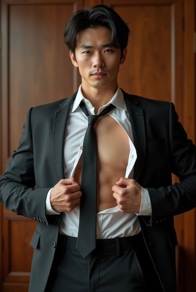 1 handsome Japanese guy，27years old，Lawyer，Formal shirt and  tie, Lawyer服,provocative and lewd pose, Professional Dress, Preparing for court, Handsome and elegant, Wearing a uniform， sexy abstinence, in blouse wearing, Masculine and handsome，musculous，Muscles look good，hairy bodies，with fair skin，黑The eye（thin eyes 1：3），Full body photo,lewd face, tight chest,  provocatively, unbutton buttons ,sexy