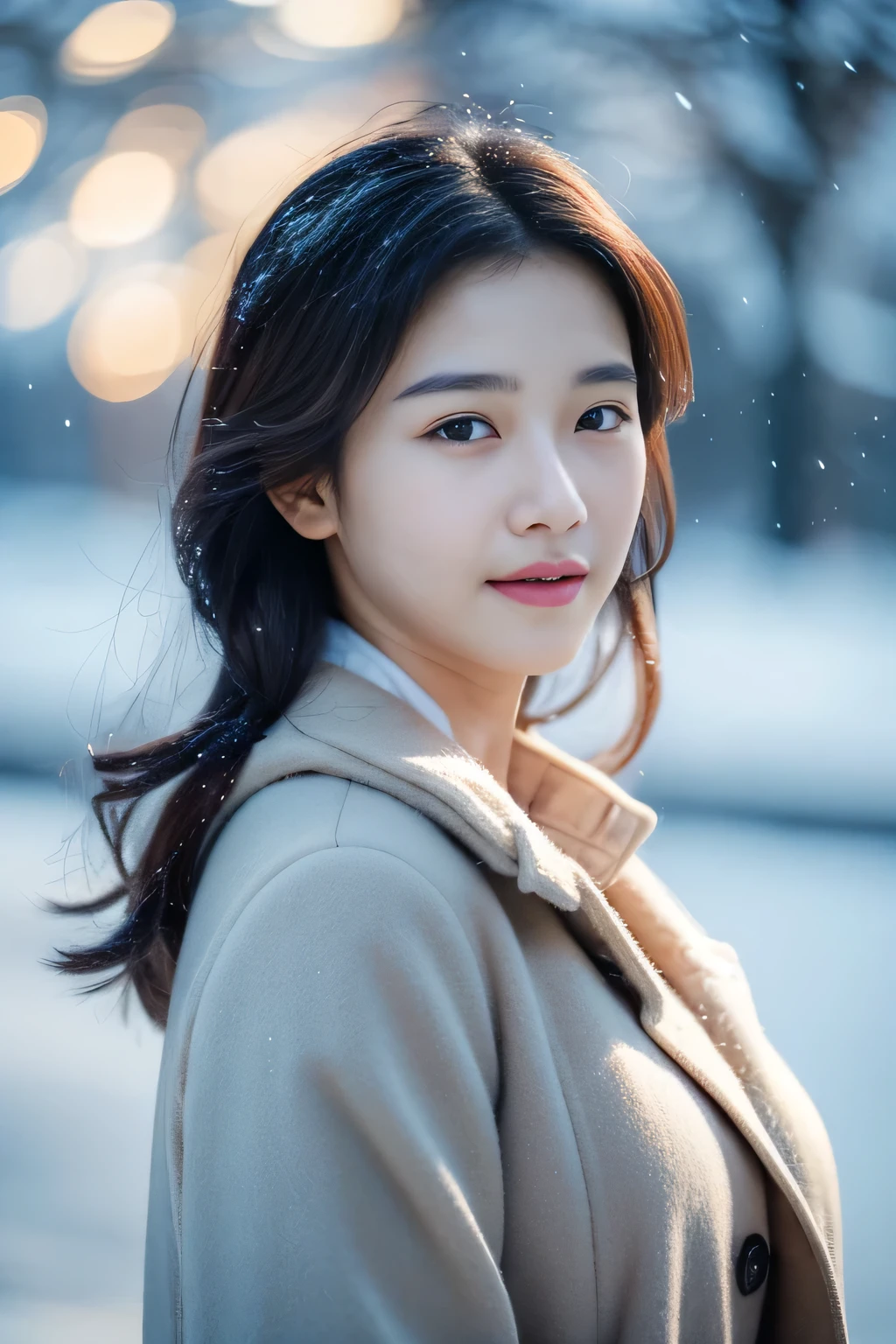 realistic photos of (1 cute Korean star) Shoulder-length hair, thin makeup, medium breasts size, wearing coat, in the snow, clear facial features, 8K high resolution, sharp and realistic details.from outside, Eye-Level Shot, f/4.0, 135mm, Fujifilm, jpeg artifacts, dithering, UHD, masterpiece