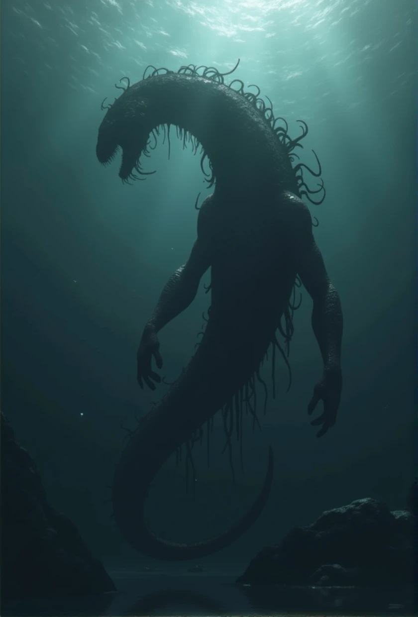 engine unreal, octane rendering,Describe a, mysterious sea creature known as the 'Eclipse Leviathan'.'The creature is over 100 meters long, and its body is composed of a dark, dark substance that appears to absorb light, making it nearly invisible in direct sunlight. Show the Leviathan emerging from the ocean floor, surrounded by darkness even during the day, with only faint glimmers of light reflecting off its nearly invisible form. The creature must have a, Indefinite form, resembling a mix between a giant snake and a whale, with shadow tentacles coming out of his body. The ocean around you must look menacing and scary., with evidence of lost ships and deep-sea creatures visible in the background, increasing the feeling of dread"