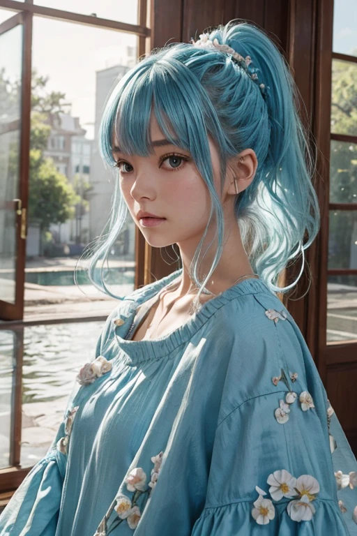 (masterpiece), (Highest quality), (Super detailed),(Disheveled Hair),(figure), (One person), (Fashionable clothes), Are standing, Fashion Model, View your viewers, (interview), (Simple Background),Beautiful attention to detail, Delicate and beautiful face, floating,(High saturation),(Colorful splashes),Colorful Bubbles,(The Shining), Focus on the face, ponytail, kamisato ayaka, Light blue hair, bangs, Hair Ring, Floating Flowers, Floating hair, (The Shining), Best lighting, Best Shadow,
