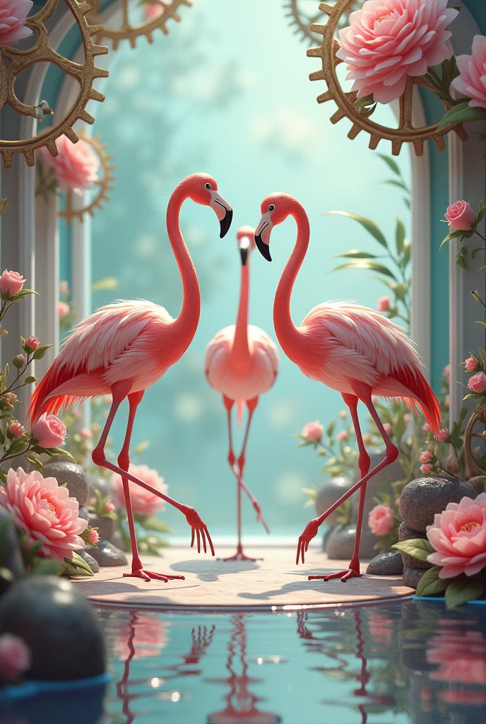 a world of pinks and teals,
Where flamingos dance on heels,
Gears turn with rhythmic grace,
In a clockwork, dreamlike spa