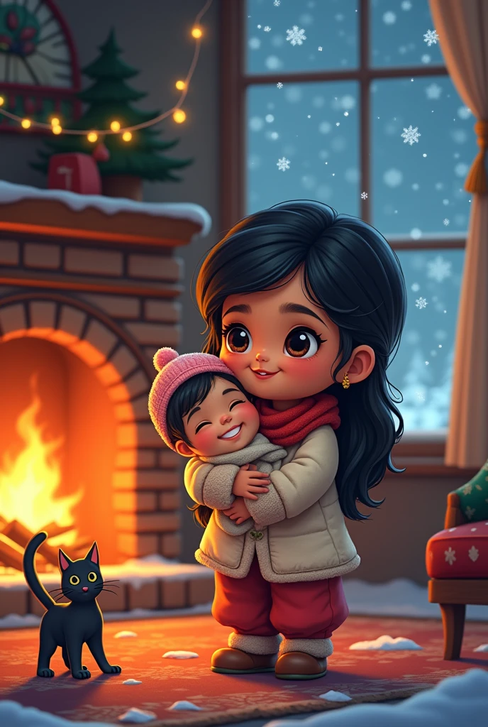 Cartoon of a Bangladeshi dusky girl holding a baby in a winter eveing in front of fireplace with a black cat, Christmas theme and snowfall ouside the window.