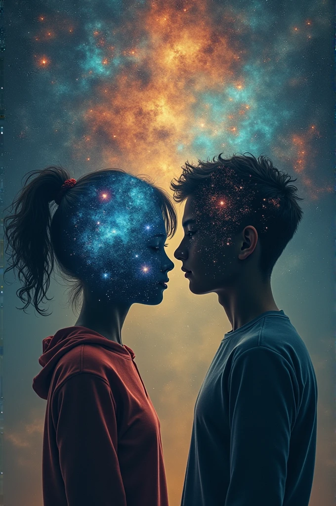An image represent two faceless people who are a girl and a boy from different universes
