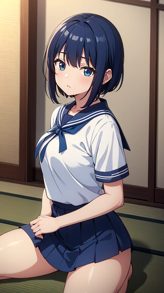 ((masterpiece, Highest quality, Very detailed, Very nice 8K CG wallpaper)), , A little thick, Medium Hair, Blue Hair, short hair, blue eyes,judo player、Sailor Style uniformS、Large bust、Sailor Suit、mini skirt、judo、Cute expression、InSide the judo GymnaSium、、On the tatami、discovery、One person&#39;S、Full body standing、rest、Haruka Kiritani、BuSt Size C Cup、幼い頃judo家に育てられた、The strongest woman to win a tournament、Ninth Dan、The strongest woman who defeated the bully