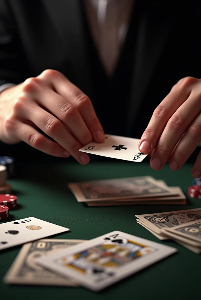 magician、Table Magic、Card Magic、Close-up of hands and cards、A whole deck of cards neatly arranged,Design the right deck of cards、Only two cards face up,Paper money coins chips,