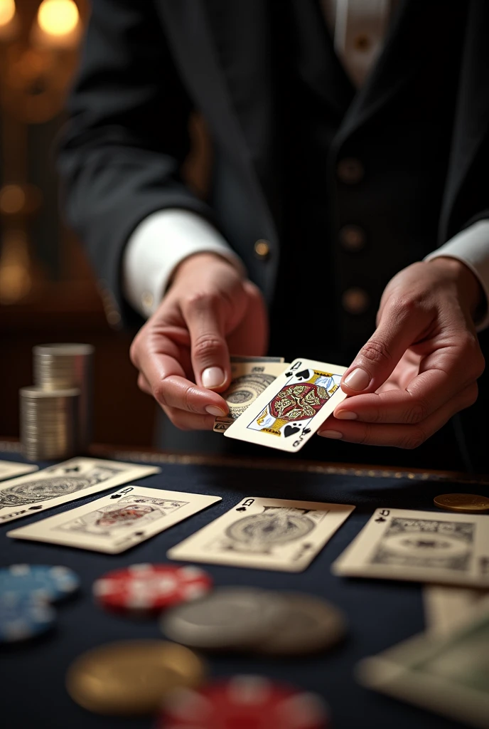 magician、Table Magic、Card Magic、Close-up of hands and cards、A whole deck of cards neatly arranged,Design the right deck of cards、Only two cards face up,Paper money coins chips,