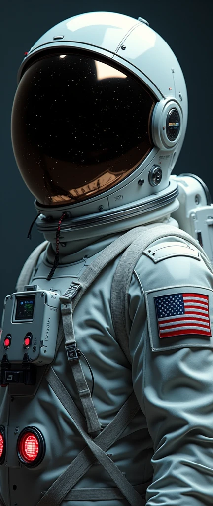 Astronaut in Space Suit: A close-up shot of an astronaut wearing a space suit with a distinctive American flag patch on the shoulder. The helmet's visor reflects a blurred, starry background. The life support backpack and various details like lights, screens, and cables are visible. The suit's design elements, including vents, zippers, and molded plates, are showcased in a neutral-colored environment, with a subtle gradient effect suggesting a vast, dark space.