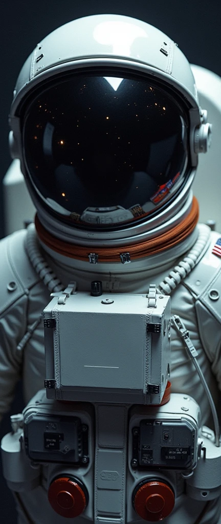 Astronaut in Space Suit: A close-up shot of an astronaut wearing a space suit with a distinctive American flag patch on the shoulder. The helmet's visor reflects a blurred, starry background. The life support backpack and various details like lights, screens, and cables are visible. The suit's design elements, including vents, zippers, and molded plates, are showcased in a neutral-colored environment, with a subtle gradient effect suggesting a vast, dark space.
