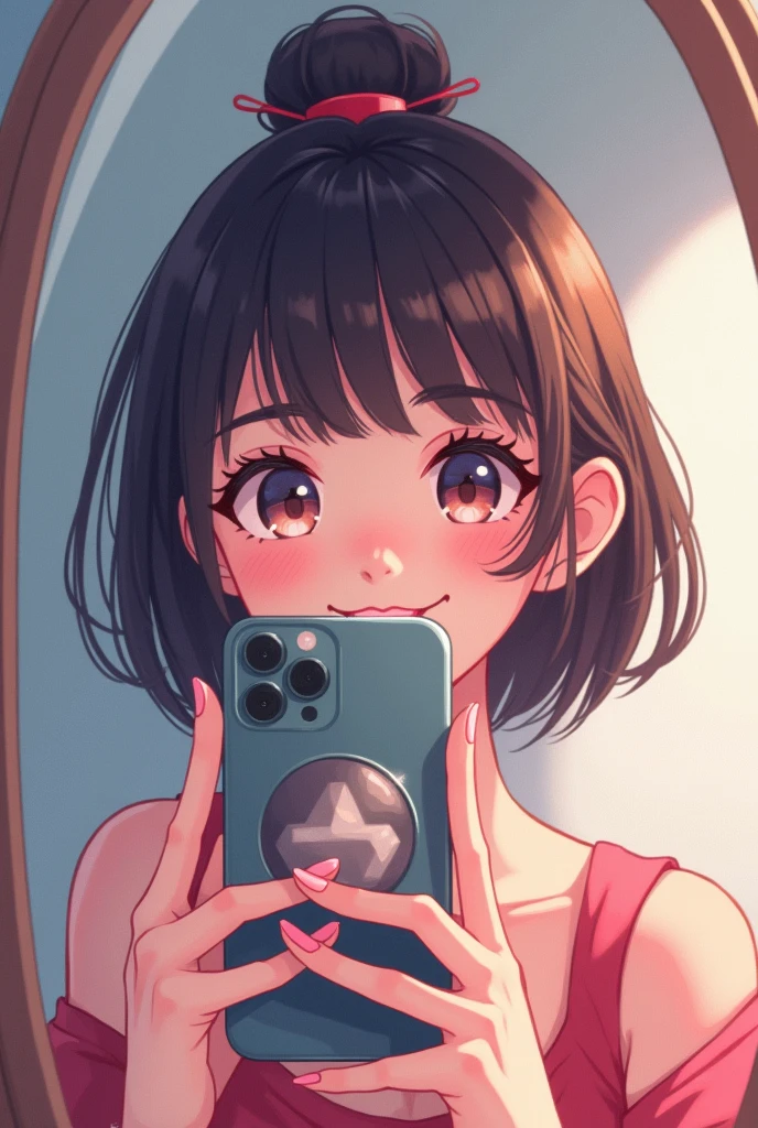 A amine girl mirror pic with iPhone for Facebook profile pic 