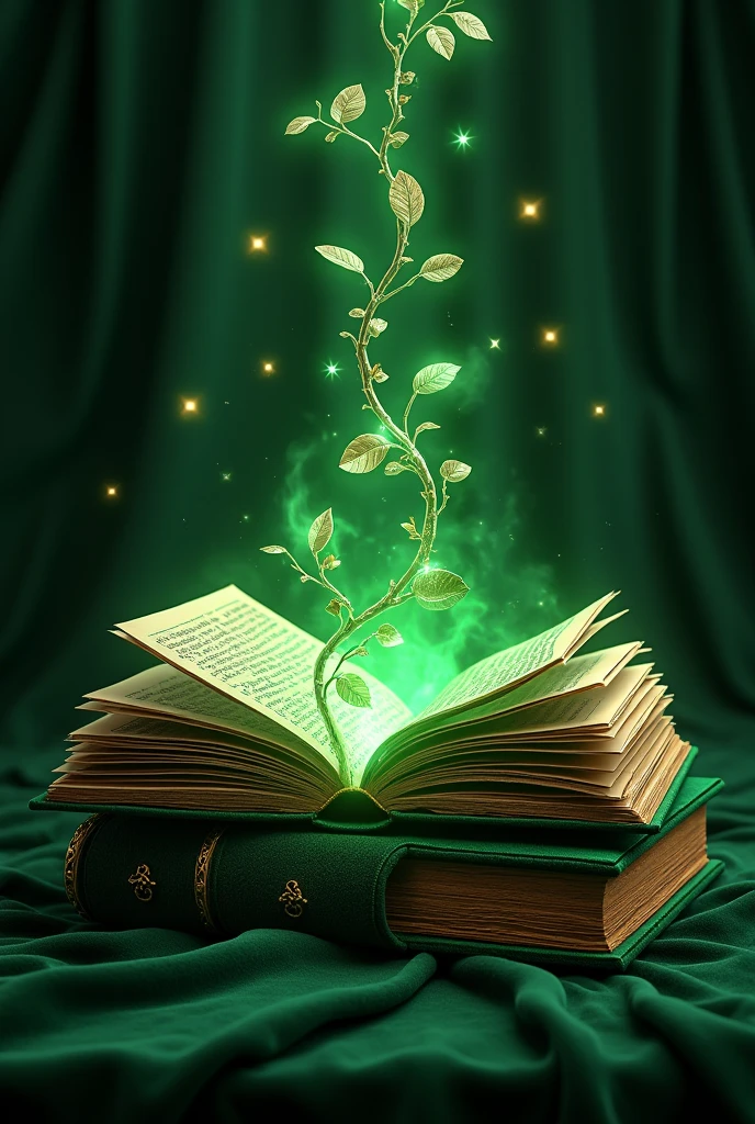 "Design an image of a luxurious emerald green book with a velvet cover, slightly open, revealing pages edged in gold. From the book's pages, glowing emerald green vines with delicate golden leaves are emerging and curling outward. The background should be a dark, rich texture, like velvet or leather, with a soft spotlight highlighting the book and the radiant vines. Subtle emerald green and gold sparkles should surround the book, giving it a magical, enchanted appearance."