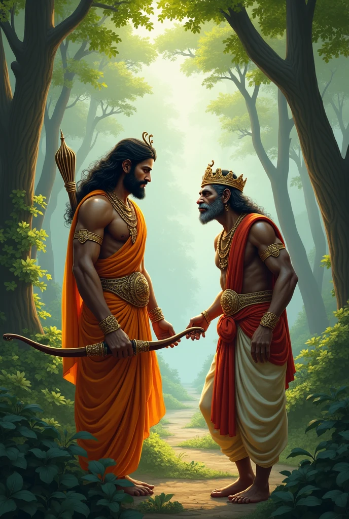 
"Depict a forest scene where Lord Rama and his brother Lakshmana are meeting Sugriva, the monkey king. Rama and Lakshmana are in traditional attire, with Rama holding a bow. Sugriva, looking relieved and hopeful, is shown as a monkey with a crown. The background includes dense trees and a tranquil forest setting. Sugriva's expression should convey gratitude, while Rama and Lakshmana appear determined and supportive. Include elements like the forest, a small clearing, and the contrasting expressions of friendship and resolve."